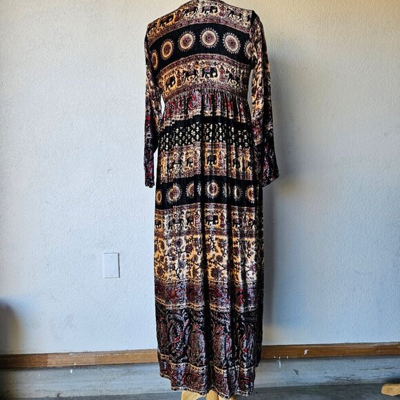 Vintage 70s 80s Velour Bohemian Elephant Stripe Paisley Hippie Maxi Dress India - Picture 6 of 10